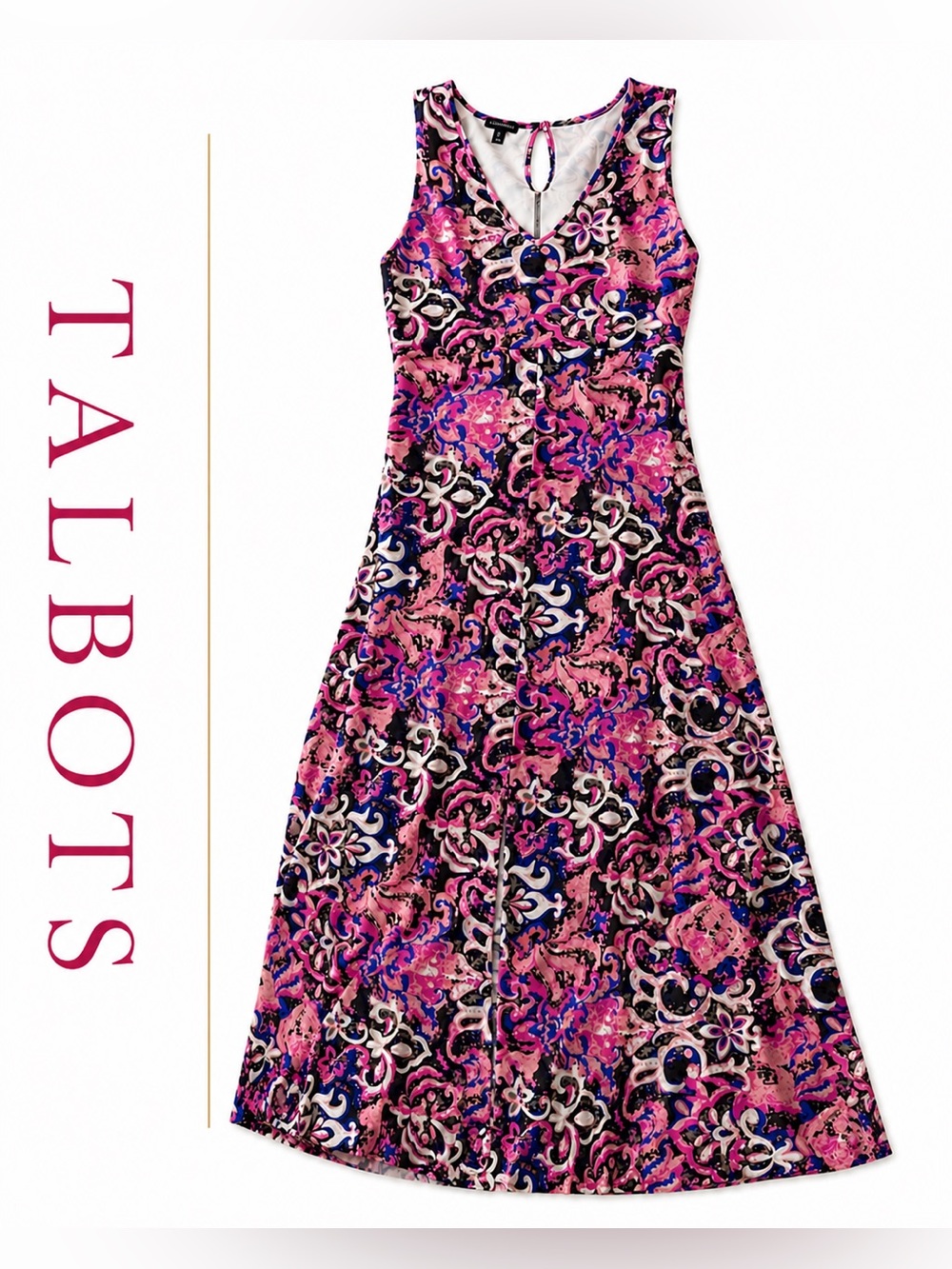 Talbots Paisley Maxi Dress Pink Blue Sleeveless Stretch Large E